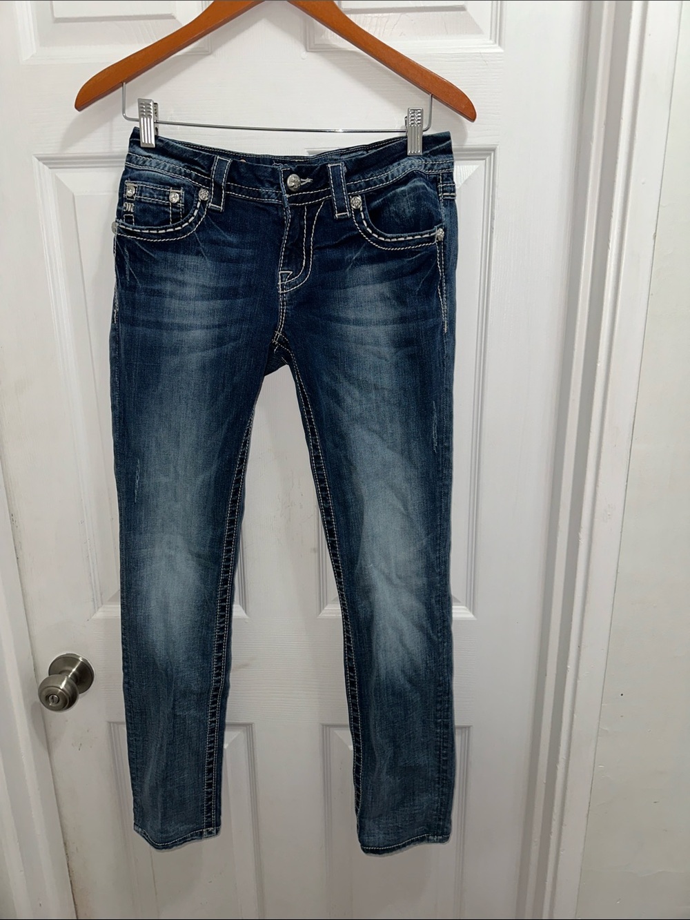 Miss Me Dark Blue Wash Jeans Light Distressed & Embellished Rhinestone Pockets
